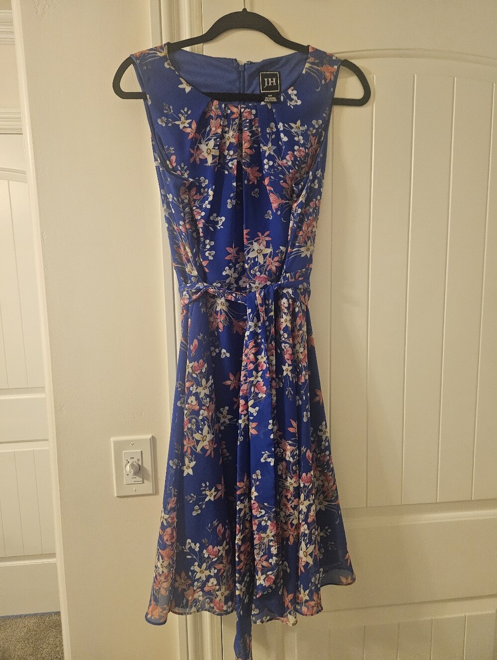 JH COLLECTION Royal Blue Floral Tie-Waist Midi Dress Size 12P